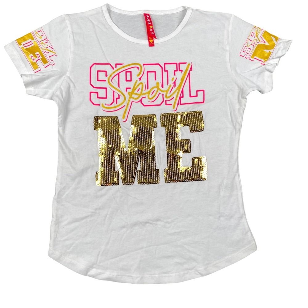 Cute 4 U Girls Spoil Me Sequin Graphic T-Shirt White Pink Gold Size L 14-16 553